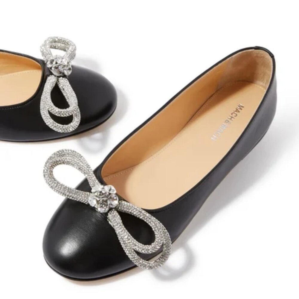 NIB$805 Mach & Mach Leather Double Bow Crystal Embellished Ballerina Flats 39 9